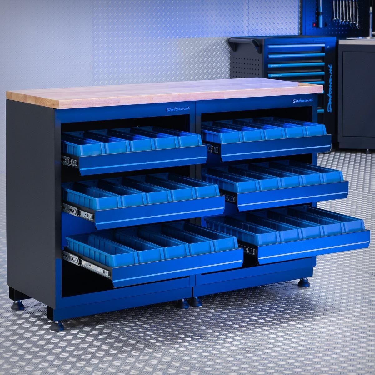 Datona Werkbank met eiken werkblad en opbergbakken, 136 cm