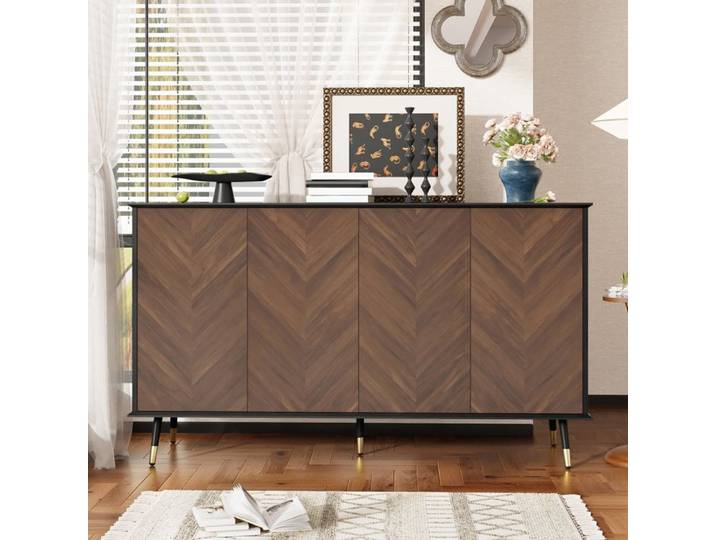 Buffet moderne à chevrons-armoire Buffet à 4 portes et étagères réglables en hauteur pour salon salle à manger 140x40x80cm