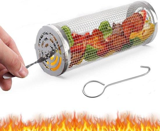 Famanu Roestvrijstalen cilindrisch grillrooster met vork en haken voor vis en vlees, 31 cm