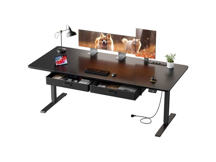 Bureau électrique à hauteur réglable, de 120/140/160/180/200 cm, table robuste de grande taille pour travailler assis ou debout, bureau de jeu avec prise électrique et tiroir.