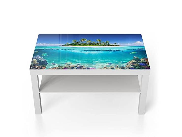 DEQORI Glastisch weiß groß 90x50 cm Motiv Insel im tropischen Meer ausgefallener Beistelltisch aus Glas Hochglanz Couchtisch fürs Wohnzimmer moderner Couch Tisch mit Design