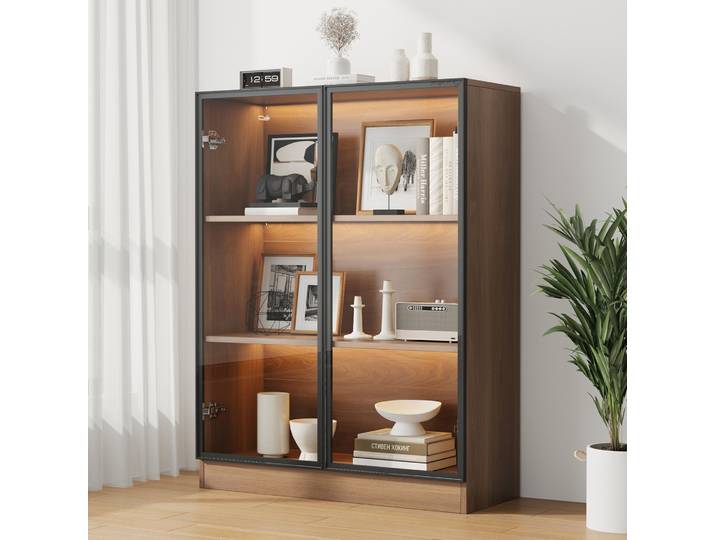 Vitrine En Verre 80x32x106 Cm Naturel\, Éclairage Led\, Portes Vitrées\, Cadre Aluminium Meubliv