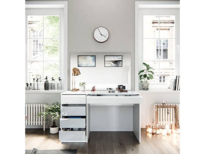 Vicco Schminktisch Sherry , Weiß 120 cm Spiegel · 5 Schubladen · Freistehend · Grifflose Optik · Geräumige Tischplatte
