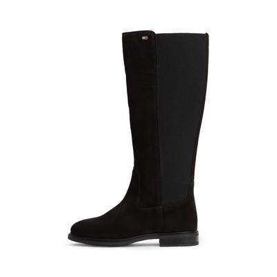 Stiefel TOMMY HILFIGER "ENAMEL FLAG SUEDE HIGH CHELSEA", Damen, Gr. 40, Normalschaft, schwarz, Elastischer Einsatz, Veloursleder, unifarben, Schuhe Stiefel, Blockabsatz, Langschaftstiefel mit Label-Flag