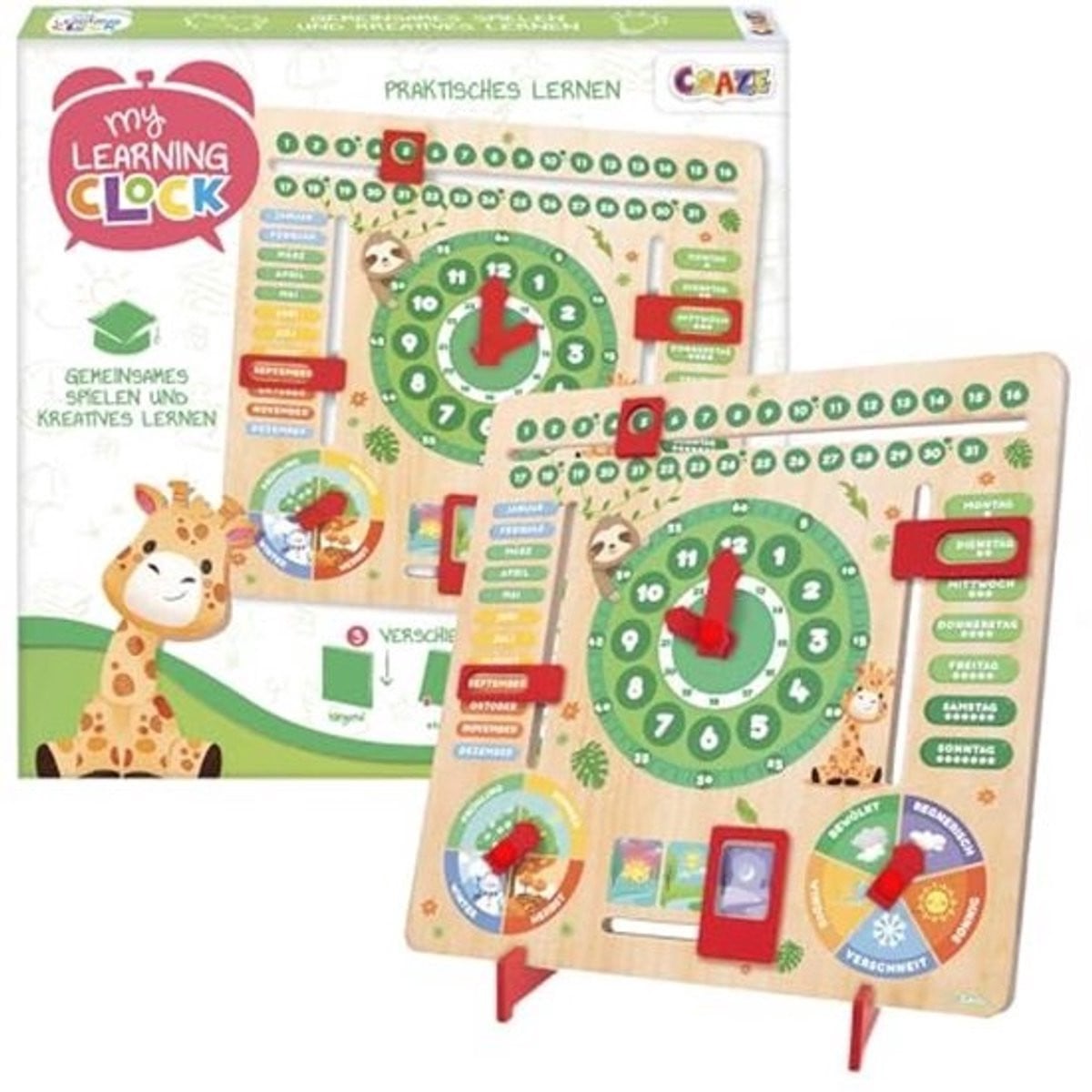Houten analoge wandklok voor kinderen met kalender en dierenprint