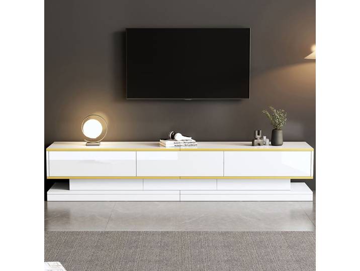 Meuble TV blanc brillant avec 3 tiroirs et bordure dorée Blanc 200x40x40 cm