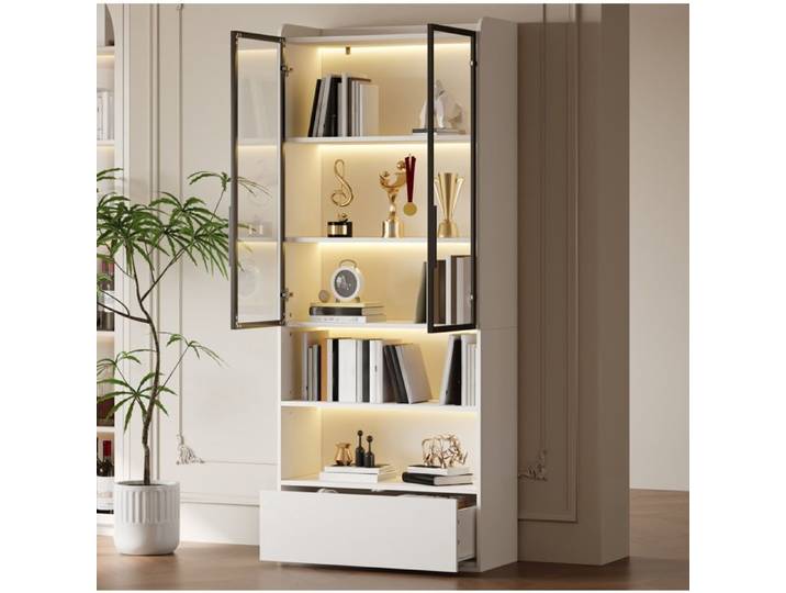 AESVAR vitrine haute blanche 80 x 34 x 180 cm avec 2 portes vitrées 1 tiroir et éclairage LED