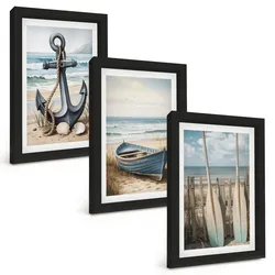 BILDER SET 3er Set - 20x30 cm Schwarzer Rahmen - Anker, Boot, Ruder, Strand