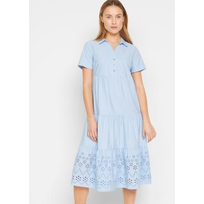 Tunikakleid BONPRIX, Damen, Gr. 44, N-Gr, blau (perlblau), Obermaterial: 100% Baumwolle, ausgestellt, Kleider, lockere Tunika-Form, mit Lochstickerei, Kurzarm-Design, aus Baumwolle