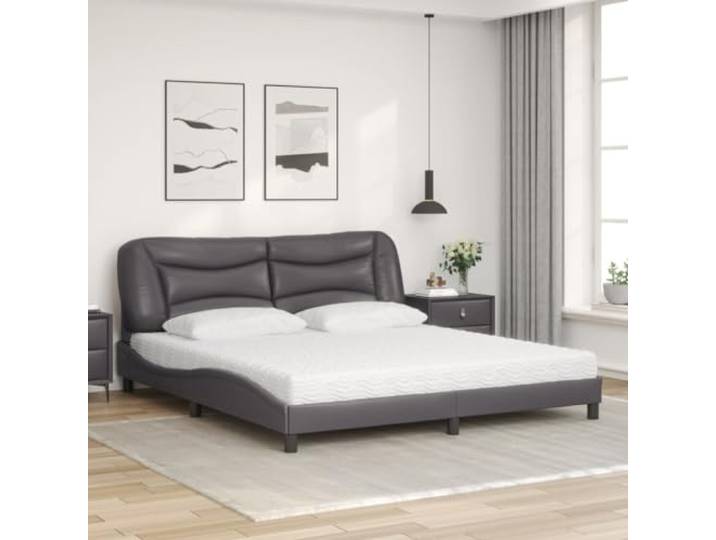 KTHLBRH Bett mit Matratze Hvar Grau 180 x 200 cm aus Kunstleder Lattenrost inklusive, 22D PU-Schaum, Härte H2/H3, gewelltes Design