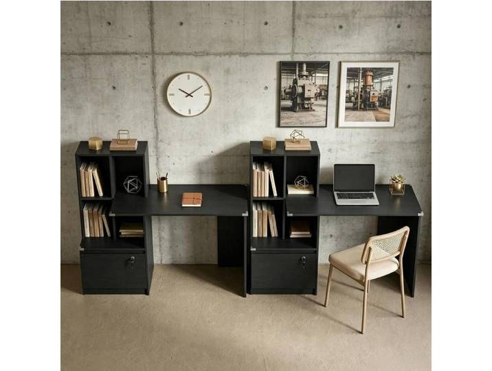 Bureau Informatique Bibliothèque 4 Compartiments Tiroir Verrouillable - BEAUNIV - en Panneaux de Particules Noir 126 × 50 × 109 cm
