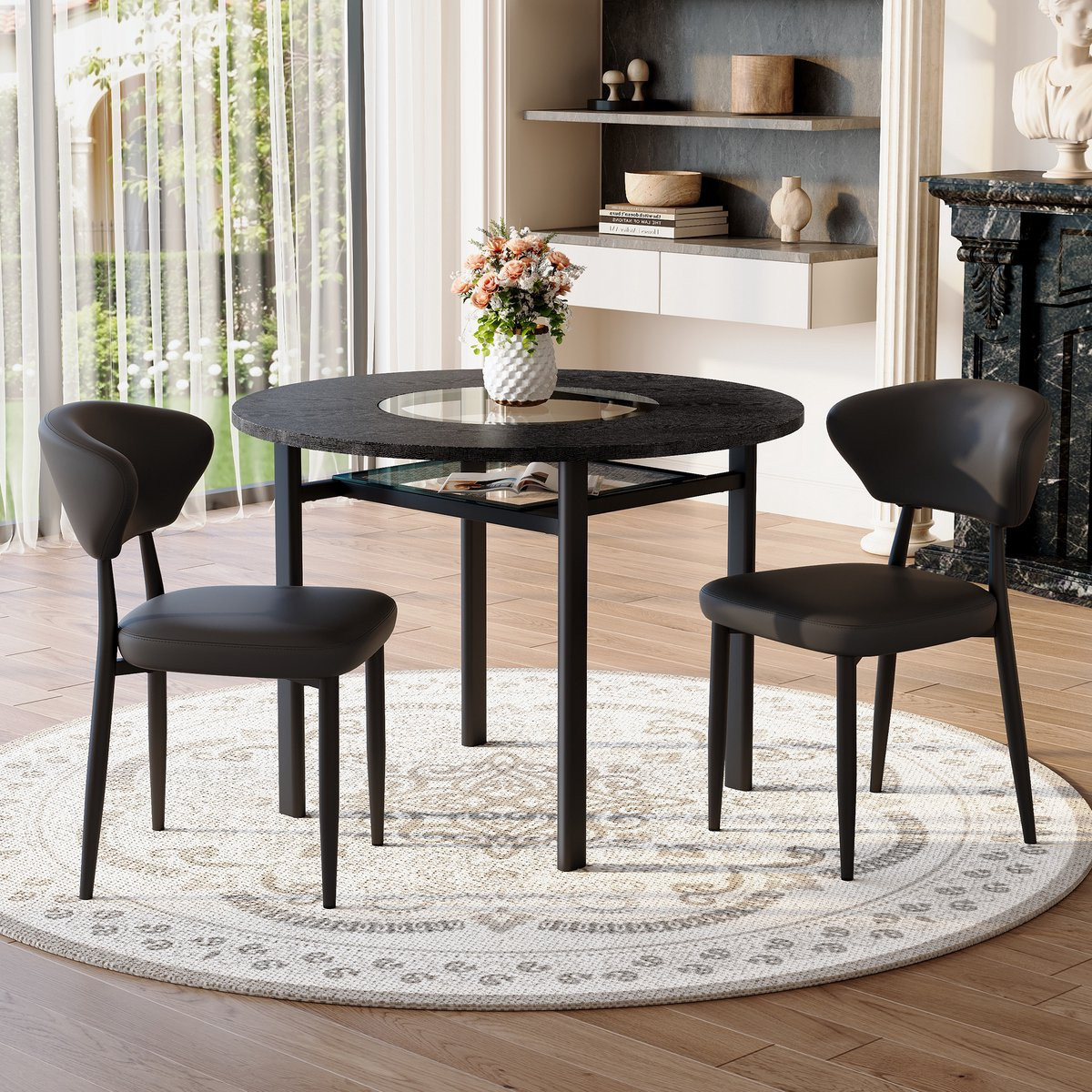 MODFU Ronde Eethoekset met 2 Stoelen en Glazen Inzet - Zwart - Diameter: 100 cm