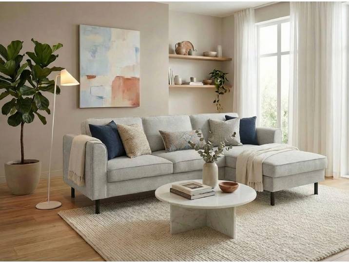 Ecksofa, 100% Polyester, Wollweiß, 232×161 cm, Beidseitig Montierbare Recamiere, Klassisch, Home-affaire