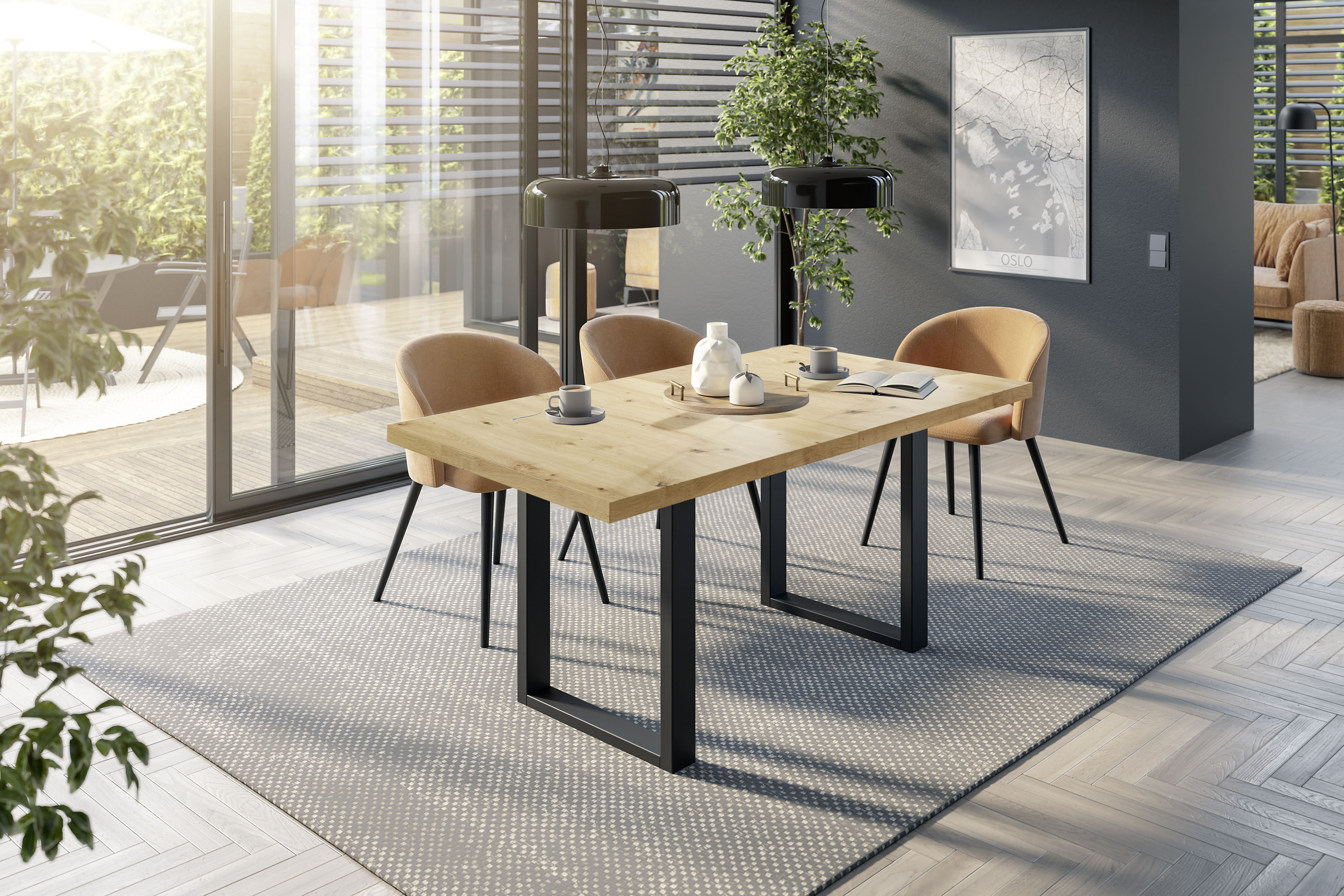 Esstisch MÄUSBACHER "Big System", schwarz feinstruktur, asteiche, schwarz feinstruktur, asteiche, B:160cm H:73cm T:90cm, Tische, Esstisch, Metallgestell in U-Form, ausziehbar