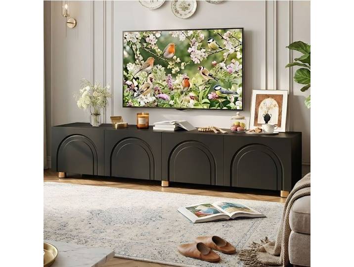 Meuble TV - 180x35x40cm - Portes relief arc 3D - 4 portes de rangement - Pieds en métal - MDF Noir