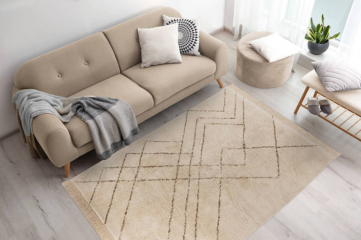 home24 Laagpolig vloerkleed Almas type B, geometrisch design, multicolor/crèmekleurig/bruin, 160 x 230 cm, 100% katoen