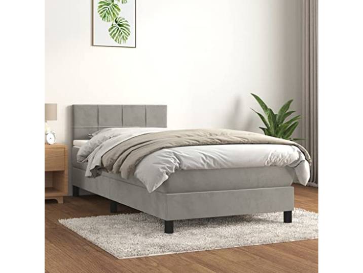 RJPLMFV Bettgestell, Velours, Hellgrau, 100 x 200 cm Verstellbarer Kopf, Taschenfedern, Rückenstütze, Matratze inklusive