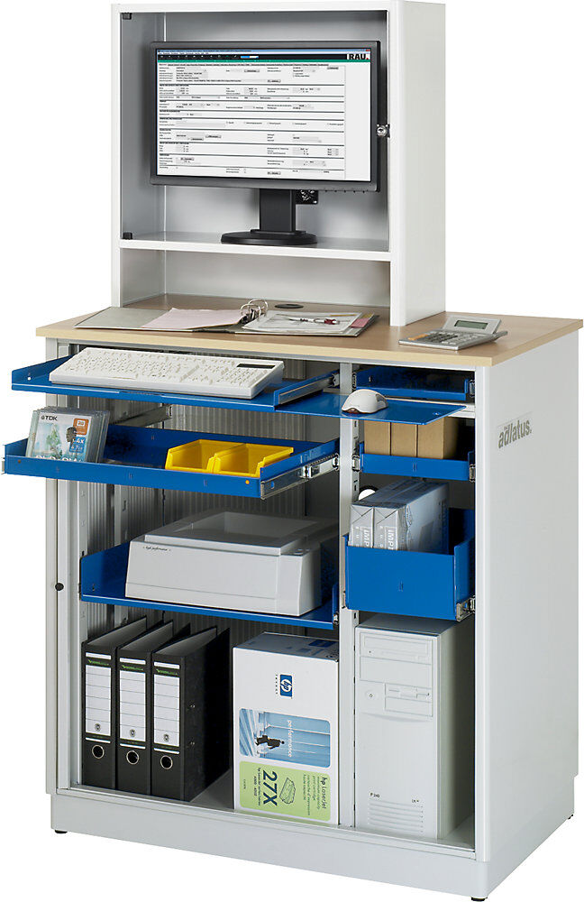 Computer-Arbeitsplatz, HxBxT 1810 x 1030 x 660 mm, mit Monitorgehäuse, anthrazit-metallic / enzianblau RAU