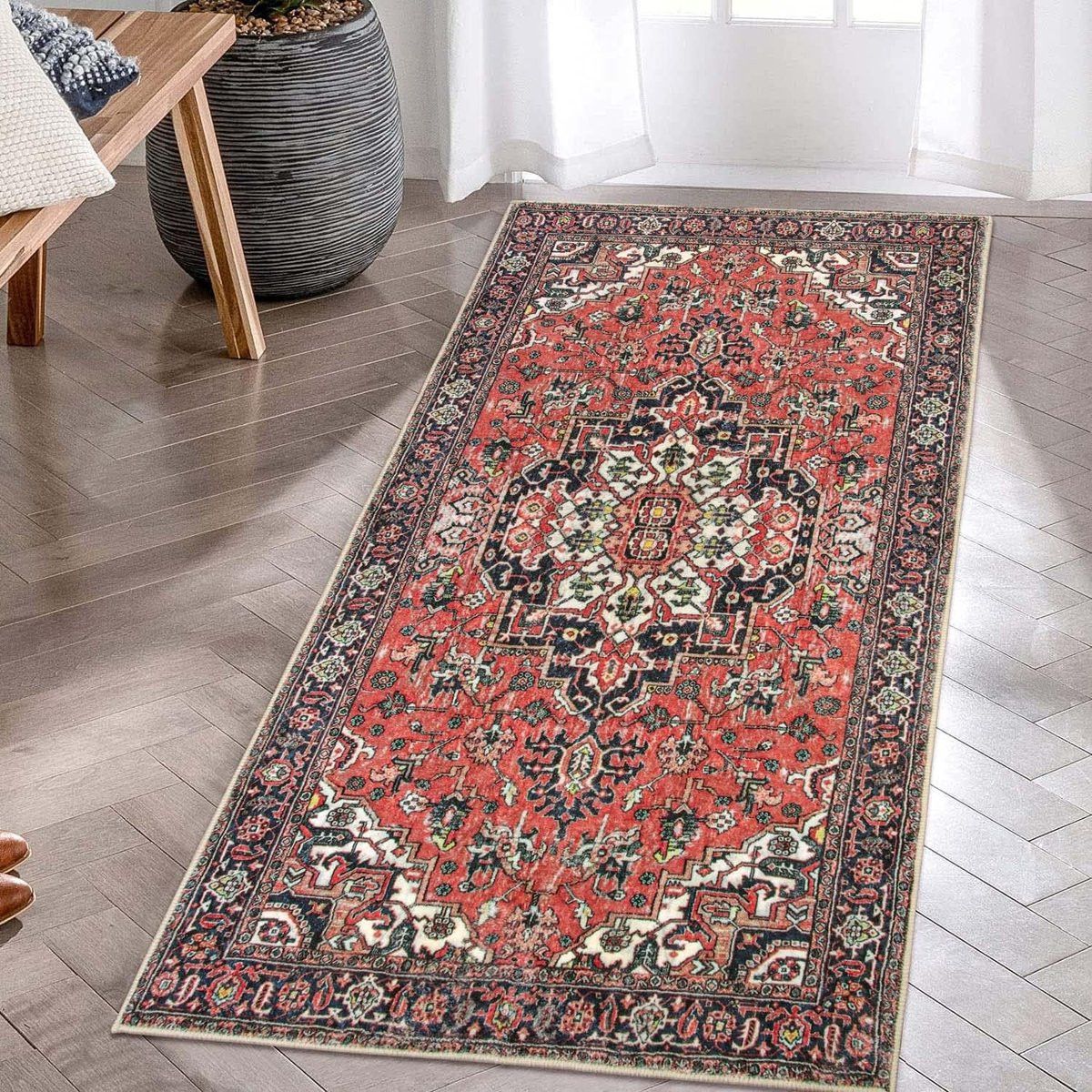 Wasbare Boho Bloemen Medaillon Tapijt Runner voor Hal, Keuken of Badkamer, B/D: 60 x 120 cm