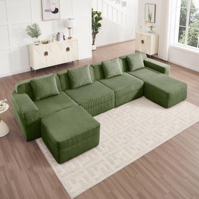 "GDFStudio - Corduroy Modular 4-Seater 153.5"" U-Shaped Boneless Cloud Sofa with 2 Ottomans"
