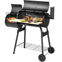 Helloshop26 - Holzkohlegrill mit Smoker 115 x 65 x 108 cm 2 praktische Ablagen stilvolles Outdoor-Design aus schwarzem Metall