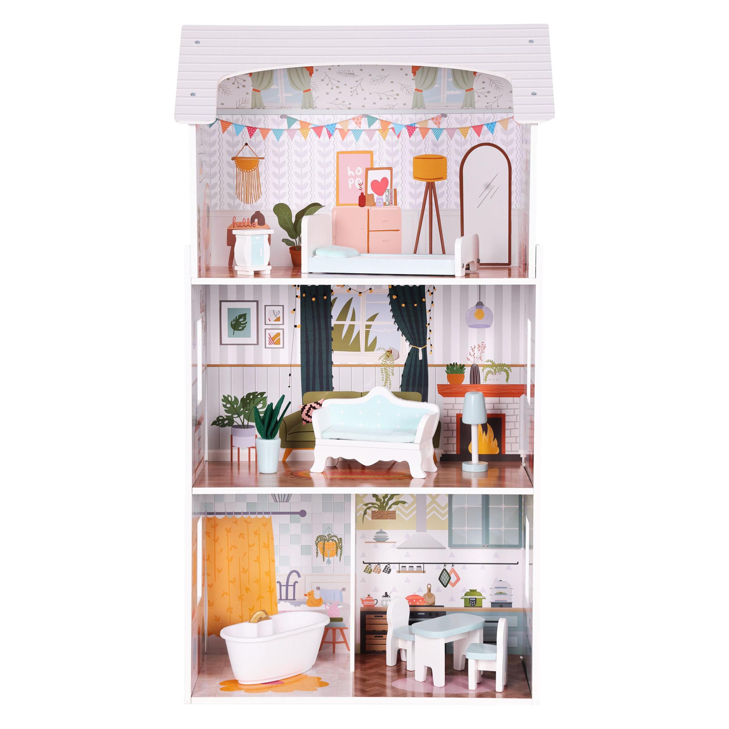 EcoToys Alice Puppenhaus - 3 Etagen, 4 Zimmer, Set mit 9 Möbelstücken (D8211)