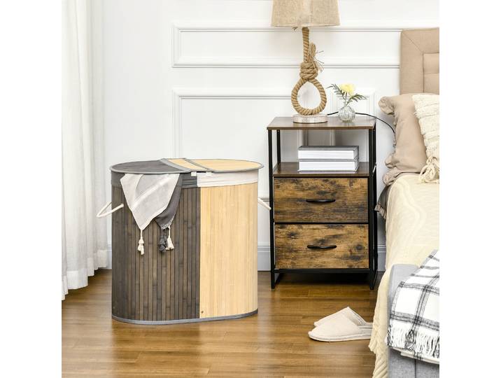 HOMCOM Panier Linge Bambou 100L 2 Sections Gris