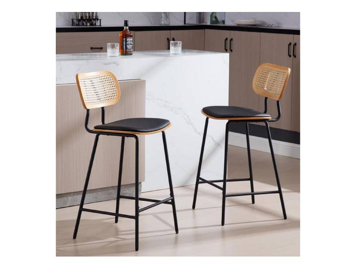 LuxusKollektion Barhocker Barhocker 2er Set Rattan Metallbeine Küchenhocker Schwarz