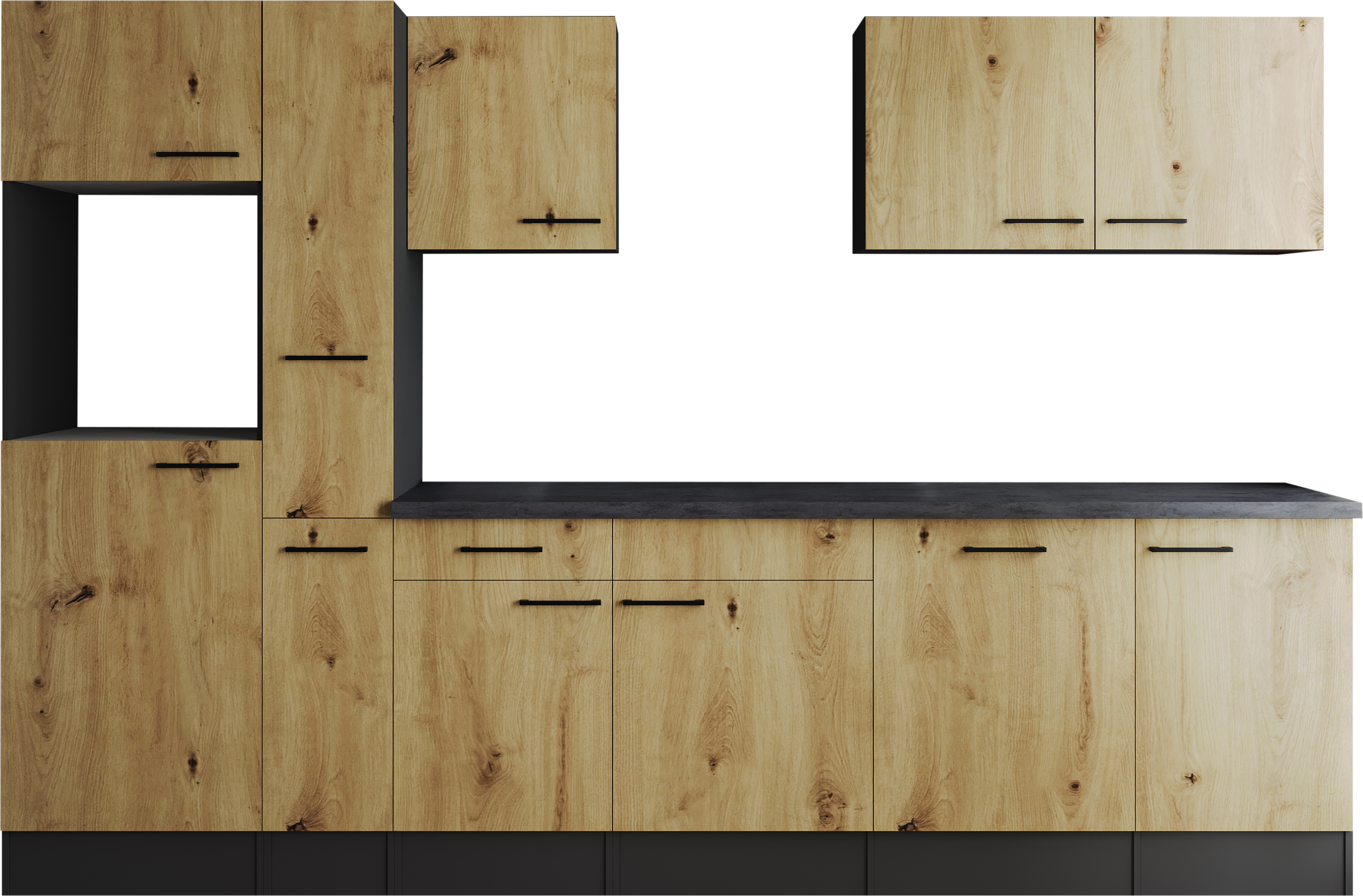 Küchenzeile RESPEKTA "Oliver", braun (küche: grau, front: artisan eiche nachbildung, korpus: grau matt, arbeitsplatte: granit optik), B:310cm H:205cm T:60cm, Komplettküchen-Sets, Küchenzeile, Breite 310 cm, 90 cm Arbeitshöhe, in exklusiver Konfiguration f