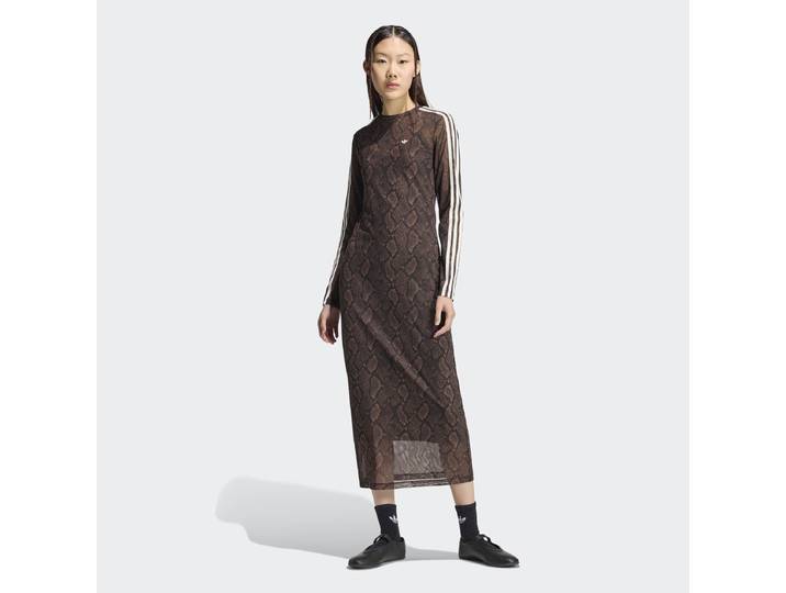 Maxikleid ADIDAS ORIGINALS SCHLANGENPRINT Gr. XS, braun (earth strata, aurora coffee), Kleider, Damen, XS, N-Gr, Obermaterial: 81% Polyester, 19% Elasthan, Maxikleid, Ein schmal geschnittenes Maxikleid mit eleganter Silhouette