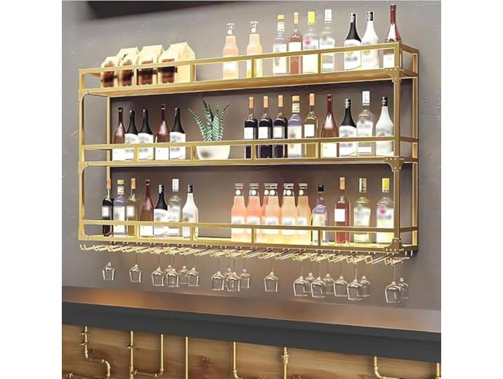 KEPMOGOH 3-stöckig Weinregal Wand aus Metall, Wandmontage Wine Display-Ständer, Bar Regal mit Glasregal, Wand Flaschenregal für Küche Bar-Einheiten, Restaurants und Zuhause (Gold, 100cm)