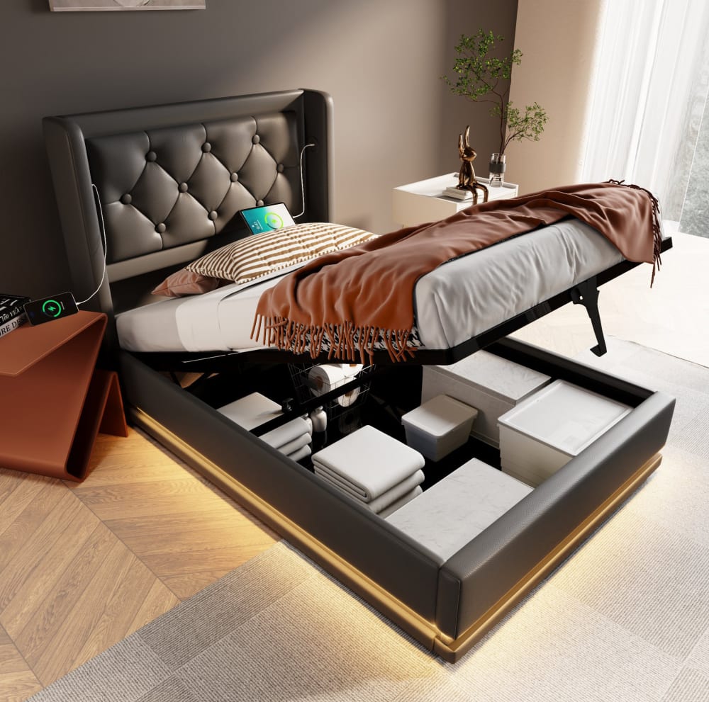 Hauss Spole Lit rembourré en polyuréthane noir 90x200 cm Noir 100x210x101cm