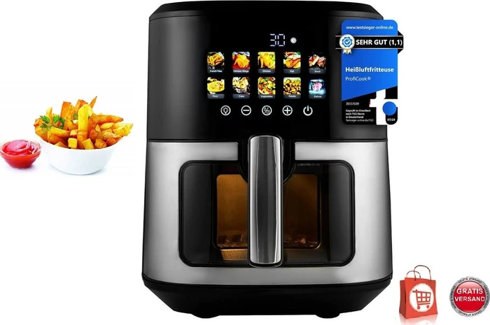 Proficook Heißluftfritteuse PC-FR 1286 H (schwarz/edelstahl, 1.700 Watt, Korb 6,5 Liter, mit Sichtfenster)
