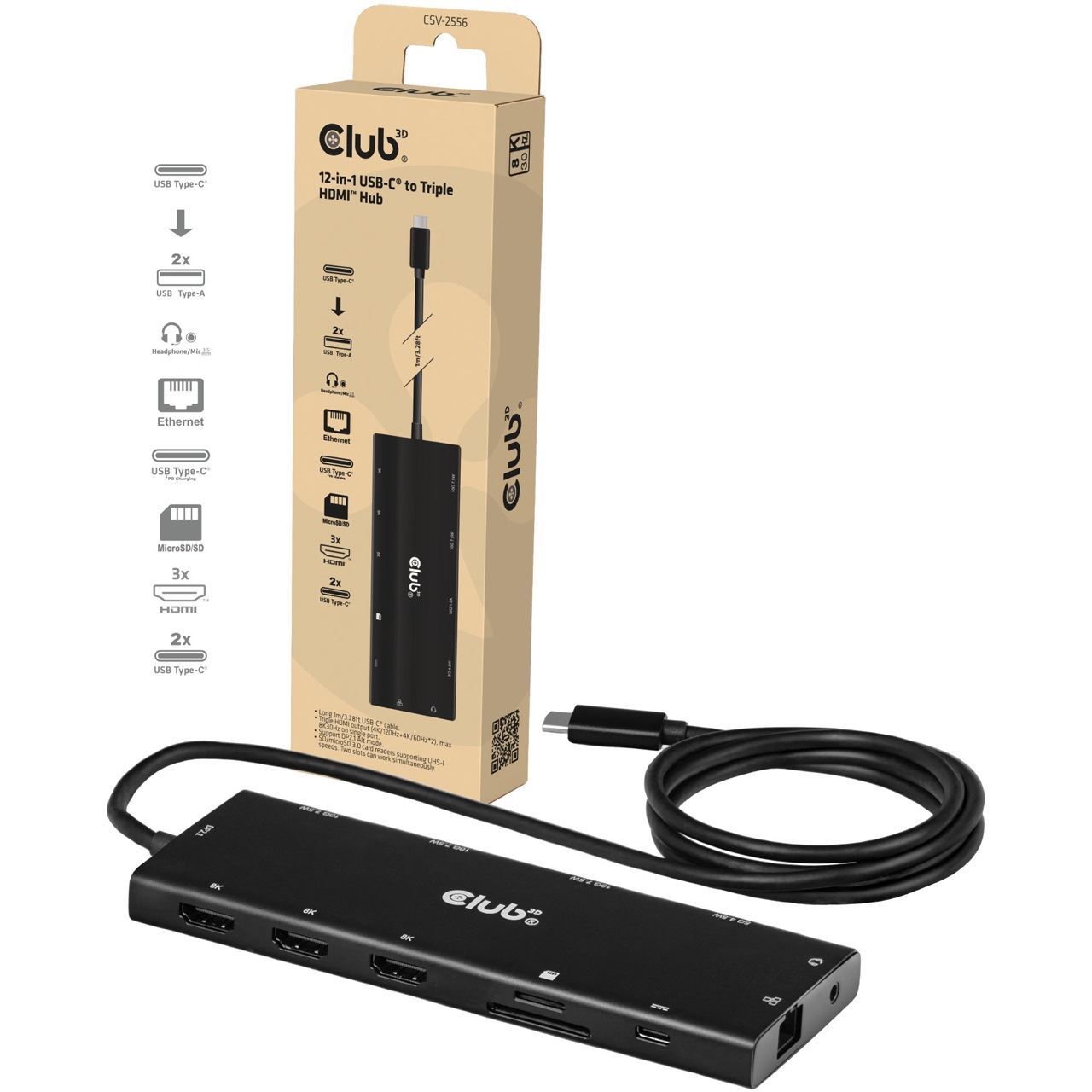 Club 3D Hub USB-C 12in1-HUB >3xHDMI/3xUSB-C/USB/LAN 8K30Hz PD140W retail