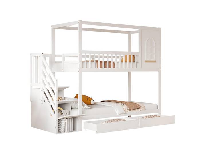 Modfu Etagenbett aus Massivholz 90x200 cm in Weiß mit Schubladen & Sicherheitsleiter, Holz, 90x200 cm, Babymöbel & Kindermöbel, Kinderzimmer & Jugendzimmer, Stockbetten