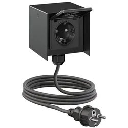 ledscom.de Außensteckdose 1-fach STEDDA und 2m Kabel, IP44, Edelstahl schwarz, Steckdosen für Garten, Terrasse und Außenbereich