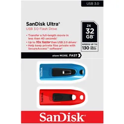 Sandisk Ultra (2-Pack) (32 GB, USB-A), USB Stick, Blau, Rot
