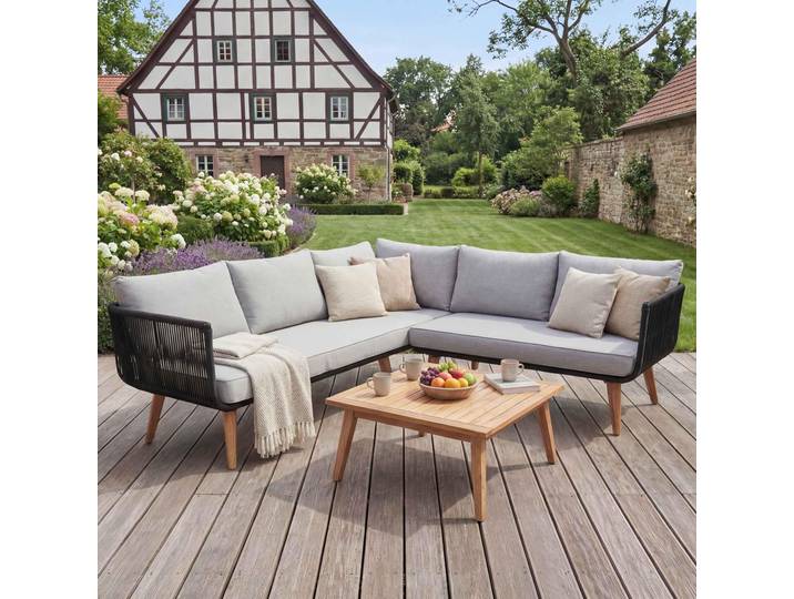 Garten-Garnitur HWC-L30, Garnitur Sitzgruppe Lounge-Set Sofa, Akazie Holz MVG- Polster hellgrau