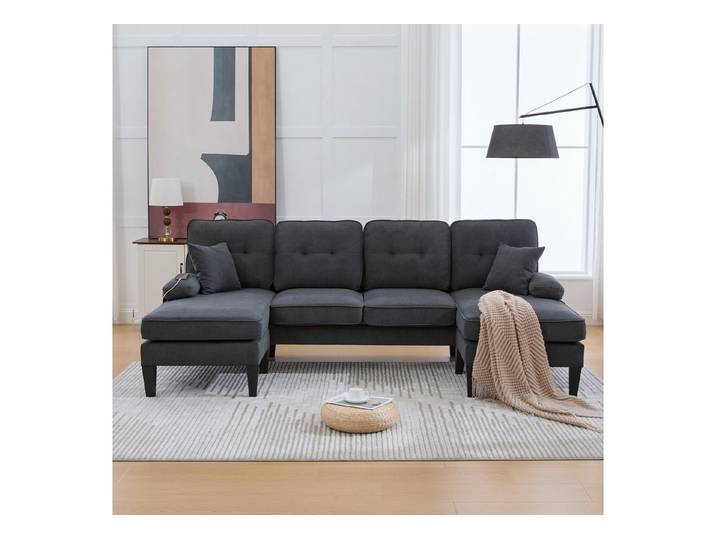 BlingBin 4-Sitzer Sofa U-Form Loungesofa Polstersofa, U-Ecksofa 1 Teile, mit 2 Lounges,Leinenbezug & USB-Ladung,Das Herzstück Ihres Wohnzimmers