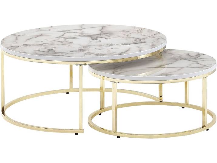 WOHNLING Couchtisch 2er Set Weiß Gold Marmor Optik Sofatisch Rund Modern