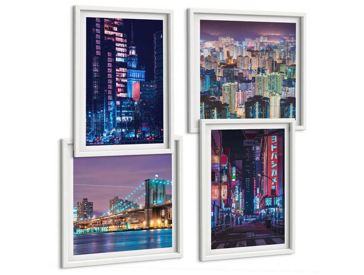Tulup Bilder SET 4er Set - 50x50 cm & 40x60 cm Weißer Rahmen - Nachtstädte mit Neonlichtern, Kunststoff, Rechteckig, 50x50 cm, Fotografie, Bilder & Rahmen, Bilder
