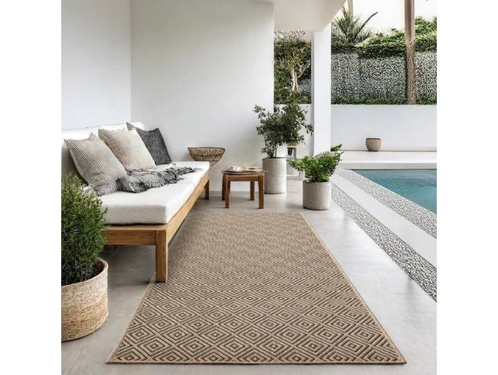 Tapis style jute naturel à motifs losanges - Adapté pour intérieur et extérieur - Dimensions 60 x 180 cm