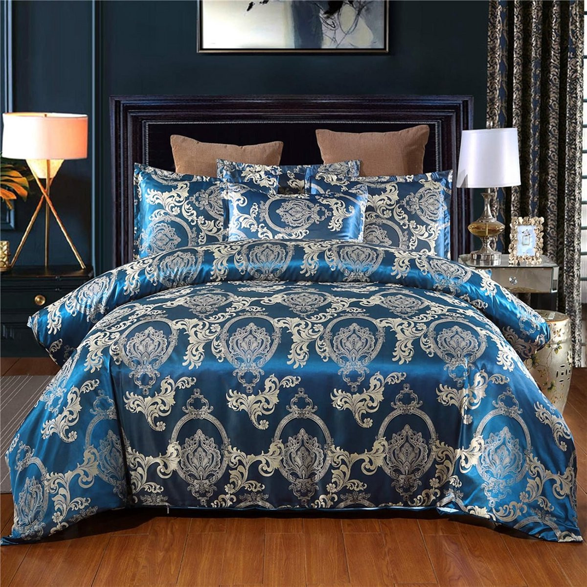 Luxe Satijnen Dekbedovertrek Set Goud Blauw met Jacquard Bloemenpatroon Omkeerbaar, 220 x 240 cm