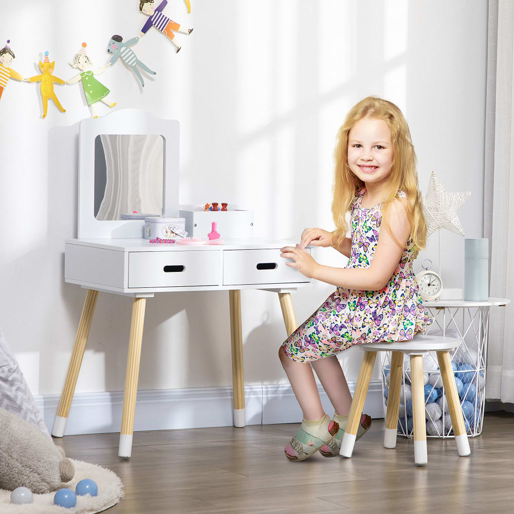 ZONEKIZ Coiffeuse enfant design scandinave et tabouret bois pin mdf blanc Blanc 60x95x40cm