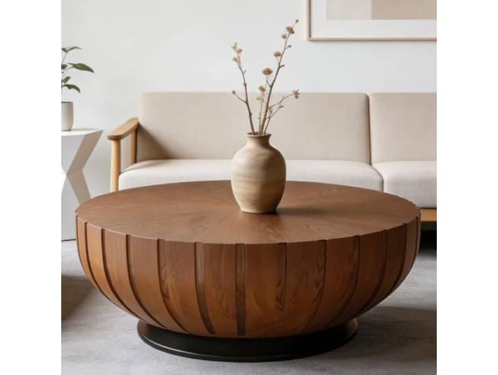 WUPDPQS Brown Runder Geriffelter Couchtisch, F 90cm Für Wohnzimmer, Geriffeltes Holz, Schüsselförmig, Modernes Trommel-Design, Mitteltisch Für kleine Räume, Wohnungen Büro