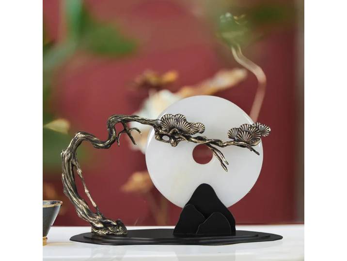 Artisanat en métal, jade naturel, sculpture d'anneau chinois, branche dorée, figurines décoratives, accessoires de décoration pour la maison