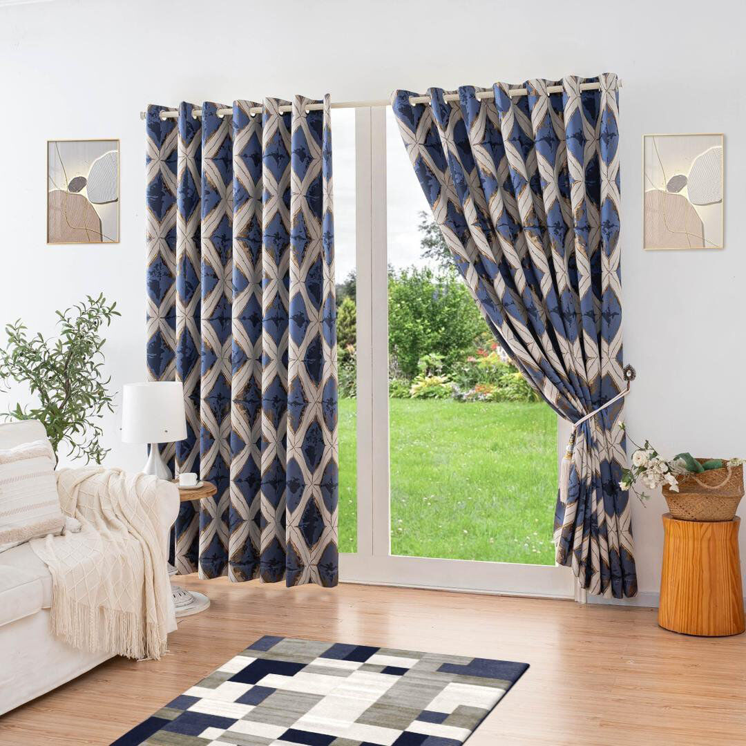 Natur Pur Room Darkening Curtain Pair Blue/Gold 229cm Width x 183cm Drop