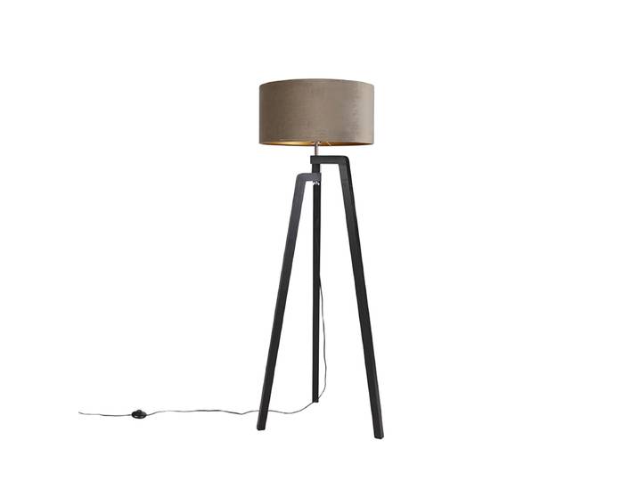 Lampadaire trépied noir avec abat-jour taupe et or 50 cm - Puros
