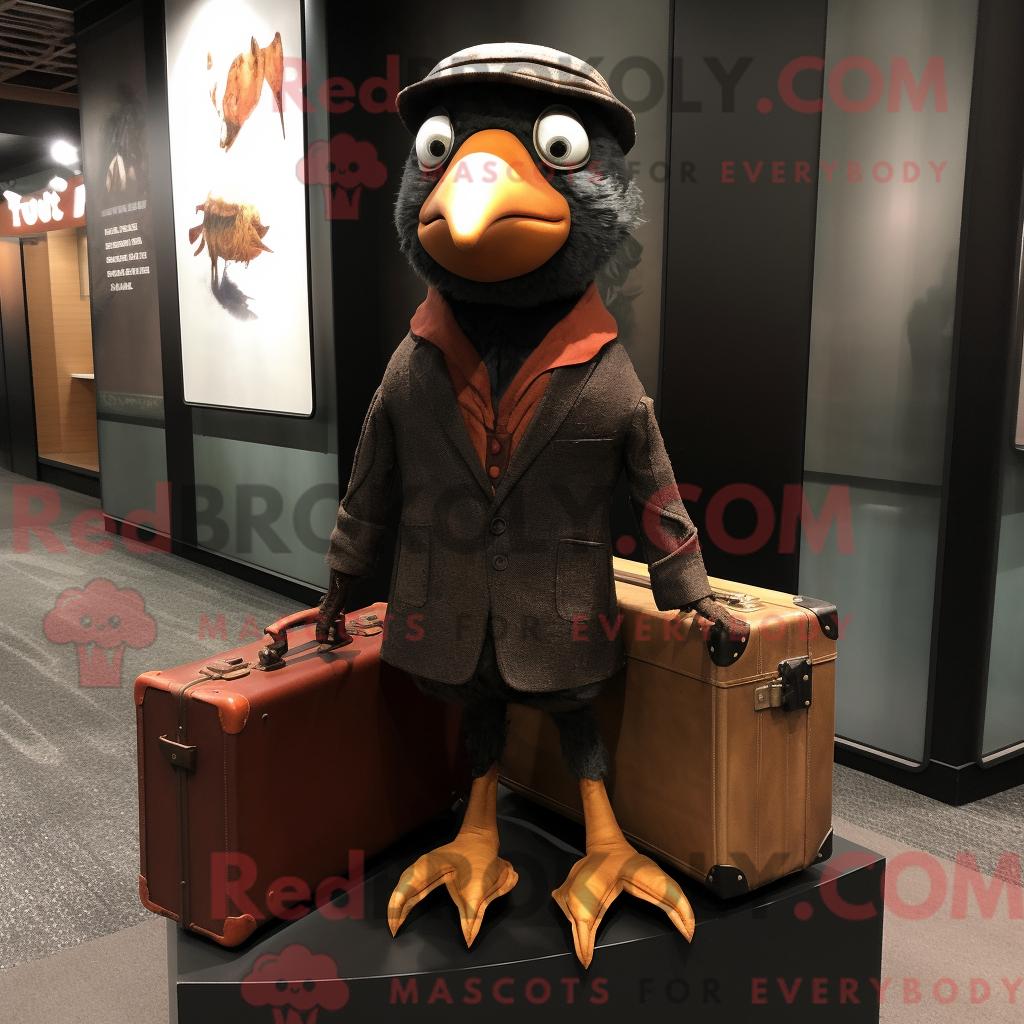 Maskottchenfigur REDBROKOLY einer rostroten Amsel bekleidet mit Strickjacke und Aktentasche