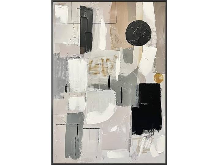 STYLER Leinwandbild Meeting 70 x 100 cm mit schwarzem Rahmen – Abstraktes Canvas-Handpainting in Schwarz & Weiß – Modernes Abstract Balance Wandbild